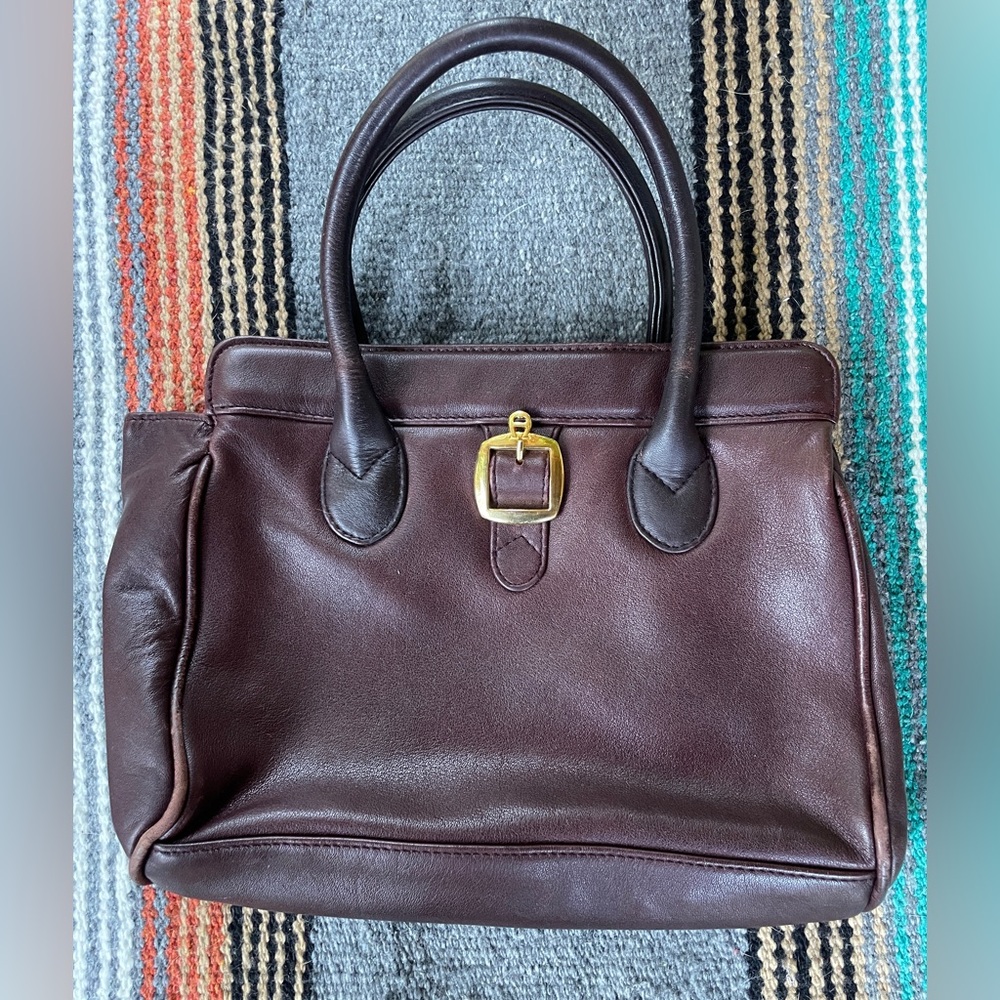 Vintage Etienne Aigner Dark Brown Satchel with Gold Buckle